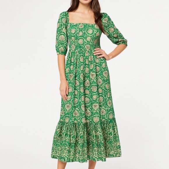 House of Harlow 1960 Kelly Green Floral Smocked Midi Dress Puff Sleeve Sz XS - Picture 1 of 11